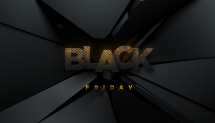 Black Friday Sale label. Vector ad illustration. Promotional marketing event. Paper letters with glitters on black fractured background. Design element for sale or discount banners, posters, cards