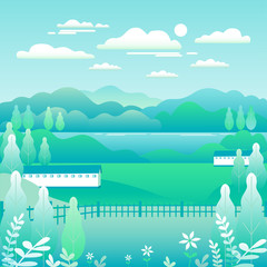 Naklejka premium Hills and mountains landscape, house farm in flat style design. Outdoor panorama countryside illustration. Green field, tree, forest, blue sky and sun. Rural location, cartoon vector background