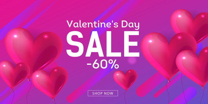 Valentine S Day Sale Poster With Realistic Heart Baloons And Discount, Dynamic Composition