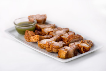 Crispy Pork Belly with white background.