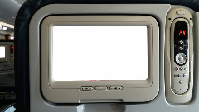 The screen for viewing advertising and video in the aircraft cabin, mounted in the back of the chair.