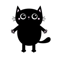 Black cat. Open hand pink paw print. Big eyes. Kitty reaching for a hug. Funny Kawaii animal. Baby card. Cute cartoon character. Pet collection. Flat design White background