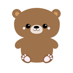 Grizzly brown bear toy sitting. Big eyes. Cute cartoon funny kawaii character. Forest baby animal collection. White background. Isolated. Flat design.