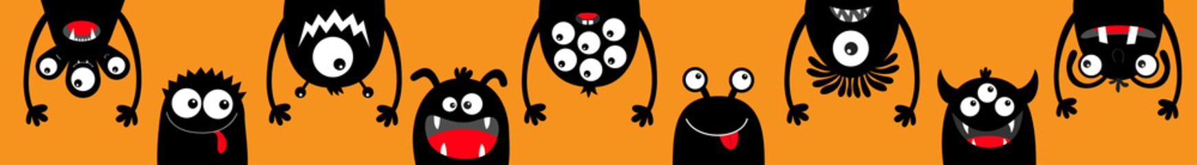 Happy Halloween. Hanging monster black silhouette head face icon set line. Eyes, tongue, tooth fang, hands up. Cute cartoon kawaii scary funny baby character. Orange background. Flat design.