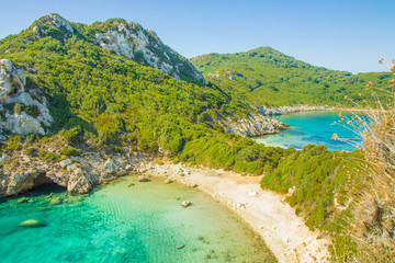 Greece Corfu Porto Timoni double beach. HD wallpaper, 4k background. Europe.