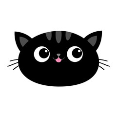 Black cat head face oval icon with big eyes, pink tongue. Cute cartoon kawaii funny character. Moustaches. Pet baby print collection. Flat design. White background. Isolated.