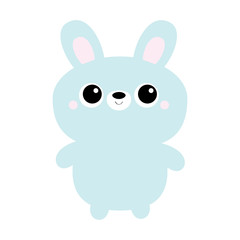 Rabbit bunny toy icon. Cute kawaii cartoon character. Funny head face. Big ears, eyes. Paw print hands. Happy Easter. Baby greeting card. Blue pastel color. White background. Flat design.