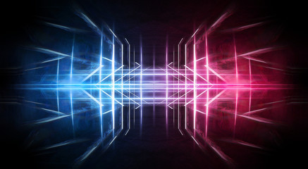 Abstract futuristic neon tunnel Dark room fluorescent bright purple and pink neon glow Virtual background space corridor shape tunnel