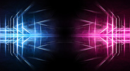 Abstract futuristic neon tunnel Dark room fluorescent bright purple and pink neon glow Virtual background space corridor shape tunnel
