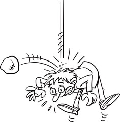 Danger.A man about  hit by falling rock. 