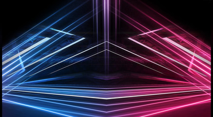 Fototapeta na wymiar Abstract futuristic neon tunnel Dark room fluorescent bright purple and pink neon glow Virtual background space corridor shape tunnel