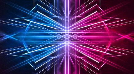 Fototapeta premium Abstract futuristic neon tunnel Dark room fluorescent bright purple and pink neon glow Virtual background space corridor shape tunnel