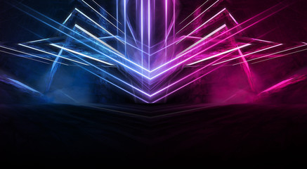 Abstract futuristic neon tunnel Dark room fluorescent bright purple and pink neon glow Virtual background space corridor shape tunnel