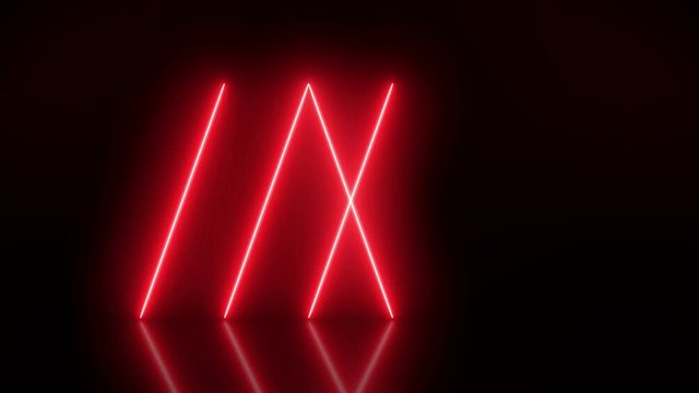 Video animation of glowing vertical neon lines in red on reflecting floor. - Abstract background - laser show
