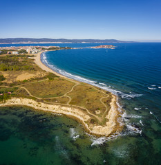 View of drone to the rocky beach near to Nessebar, Bulgaria