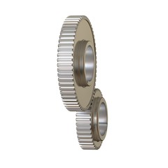 Two metal gears on a white background, isolate. 3D rendering of excellent quality in high resolution. It can be enlarged and used as a background or texture.