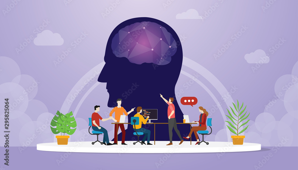 Poster cyber mind development oriented with team developer with modern flat style - vector