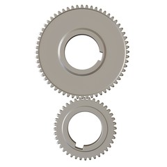 Two metal gears on a white background, isolate. 3D rendering of excellent quality in high resolution. It can be enlarged and used as a background or texture.