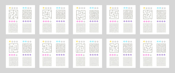 set of 40 square mazes for kids at different levels of complexity - obrazy, fototapety, plakaty