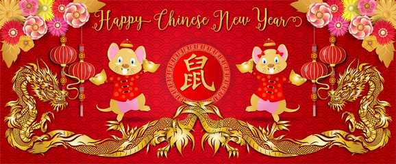 2020 Chinese new year.Year of the rat.Gold rat and Chinese words art design on red background for greetings card, flyers, invitation .Chinese Translation :Happy Chinese new year,Rat