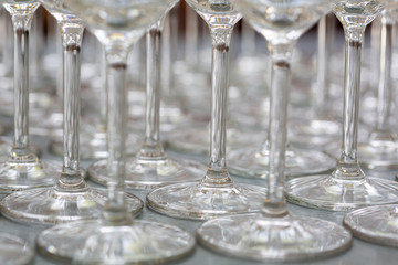 Wines glasses lined up ready for a party or event