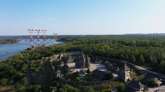 Aerial view of Cossack Settlement Zaporizhzhya Sich on the Island of Khortytsya. Camera Tracking from left to right.