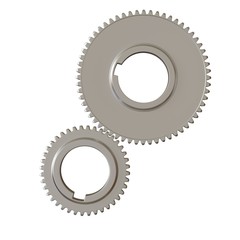 Two metal gears on a white background, isolate. 3D rendering of excellent quality in high resolution. It can be enlarged and used as a background or texture.