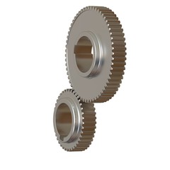 Two metal gears on a white background, isolate. 3D rendering of excellent quality in high resolution. It can be enlarged and used as a background or texture.