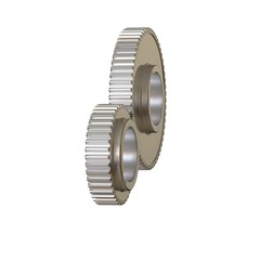 Two metal gears on a white background, isolate. 3D rendering of excellent quality in high resolution. It can be enlarged and used as a background or texture.