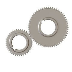 Two metal gears on a white background, isolate. 3D rendering of excellent quality in high resolution. It can be enlarged and used as a background or texture.