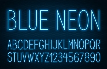 Neon thin high blue font on dark background.