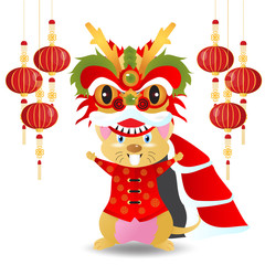 Naklejka premium 2020 Chinese new year.Year of the rat.Gold rat and Chinese words art design on red background for greetings card, flyers, invitation .Chinese Translation :Happy Chinese new year,Rat