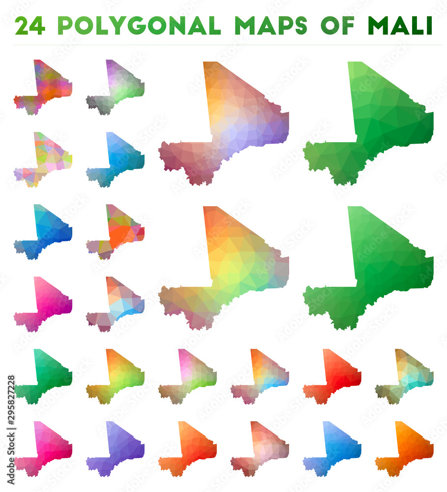 Poster set of vector polygonal maps of mali. bright gradient map of country in low poly style. multicolored
