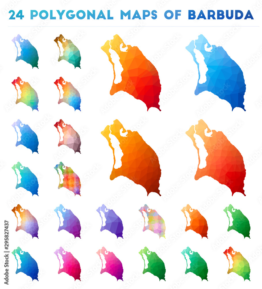 Poster set of vector polygonal maps of barbuda. bright gradient map of island in low poly style. multicolor