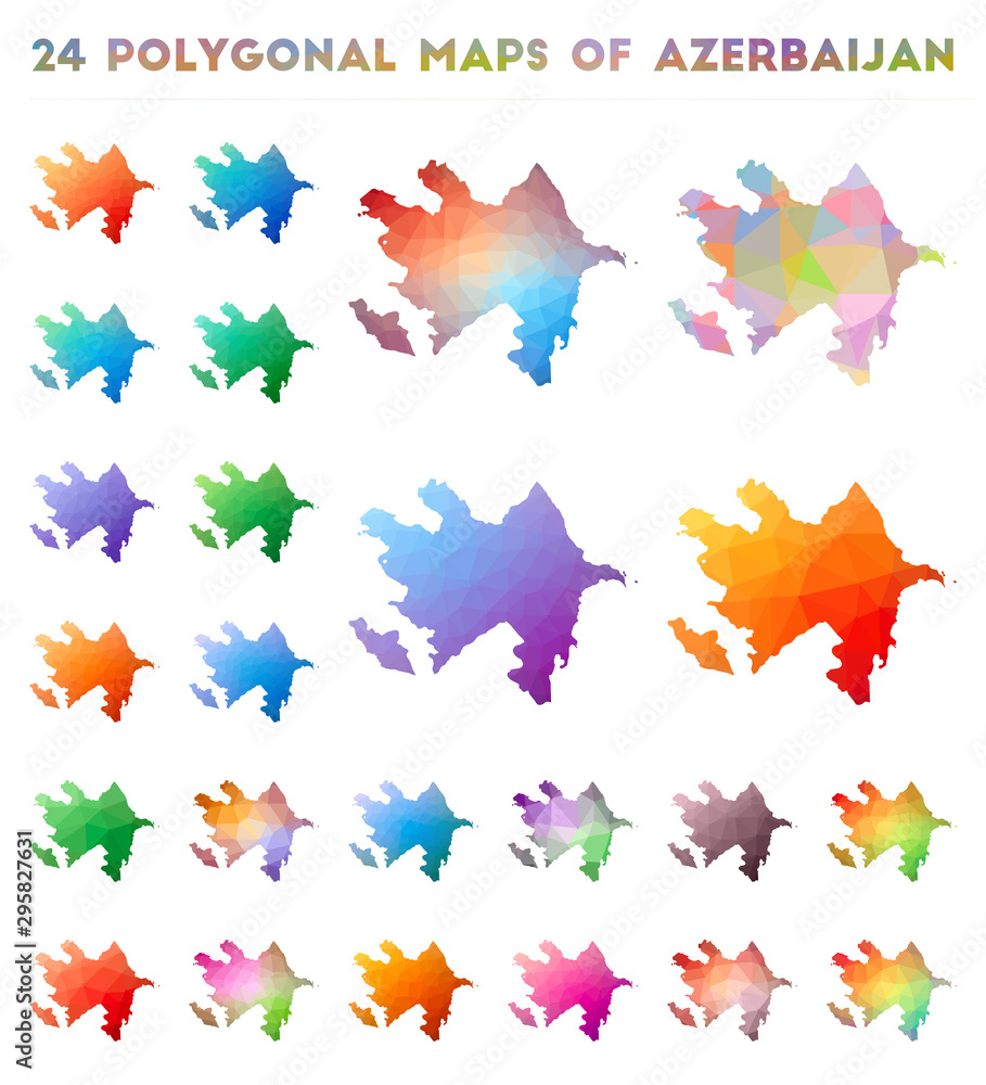 Poster set of vector polygonal maps of azerbaijan. bright gradient map of the country in low poly style. mu