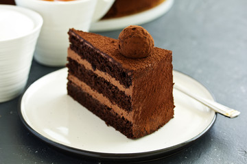 Chocolate cake. A slice of chocolate cake. Selective focus