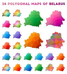 Set of vector polygonal maps of Belarus. Bright gradient map of country in low poly style. Multicolored Belarus map in geometric style for your infographics.