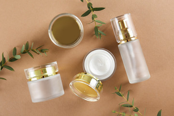 Moisturizing care skincare face cream for healing complicated troubled skin type in an open jar with visible texture. Copy space, close up, background, flat lay, top view. Eucalyptus leaf decoration.