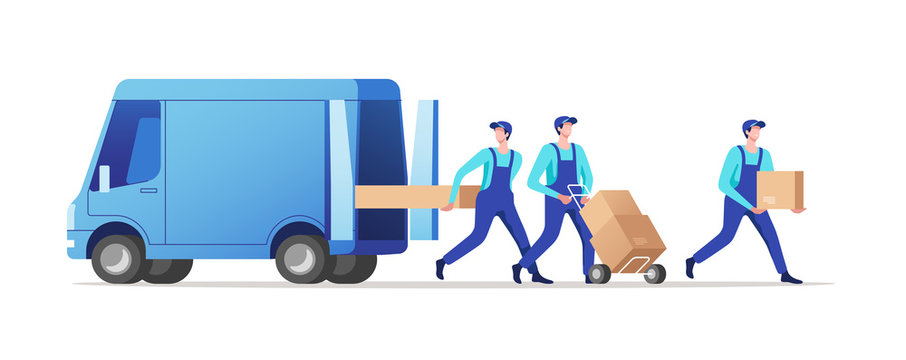 Delivery service and logistics. Movers unloading cardboard boxes from van. Vector illustration.