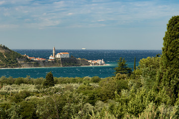 Piran church from Strunjan bay side