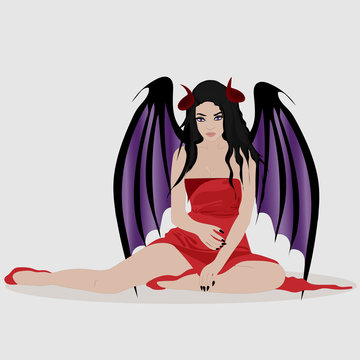The devil girl is sitting. Horns and wings of a demon. Vector art