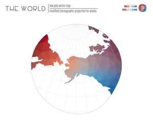 Abstract geometric world map. Modified stereographic projection for Alaska of the world. Red Blue colored polygons. Awesome vector illustration.