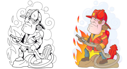 Cartoon brave fireman fighting strong fire, funny illustration