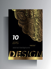 Design template cover, brochure, poster, card, background. A4 format. Gold texture elements are drawn by hand on a black background. Vector 10 EPS.