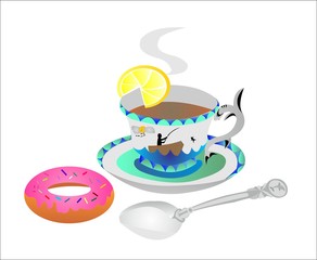 Advertising cup of tea with lemon and donut