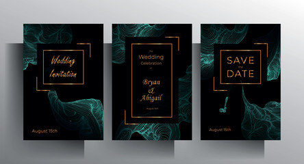 Design wedding invitation template set. Turquoise texture elements and golden frames on a black background are hand-drawn. Vector 10 EPS.