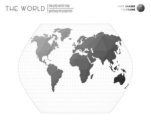 Polygonal map of the world. Ginzburg VIII projection of the world. Grey Shades colored polygons. Stylish vector illustration.