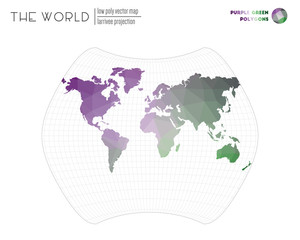World map with vibrant triangles. Larrivee projection of the world. Purple Green colored polygons. Awesome vector illustration.
