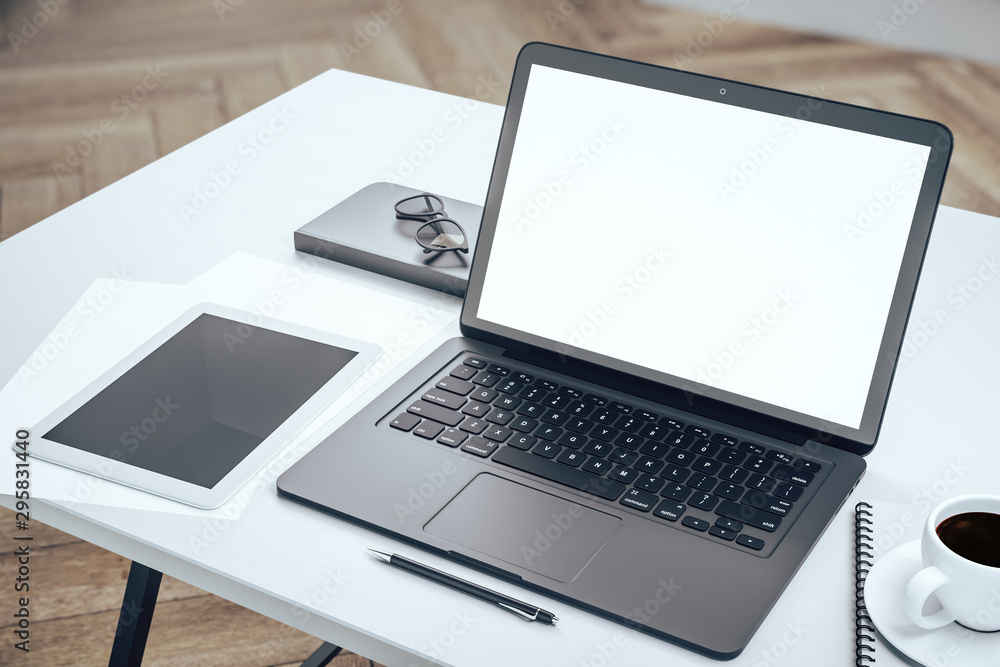 Poster modern desk with empty laptop