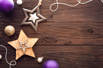 Christmas New Year background decoration on beautiful old vintage rustic dark brown wood texture...